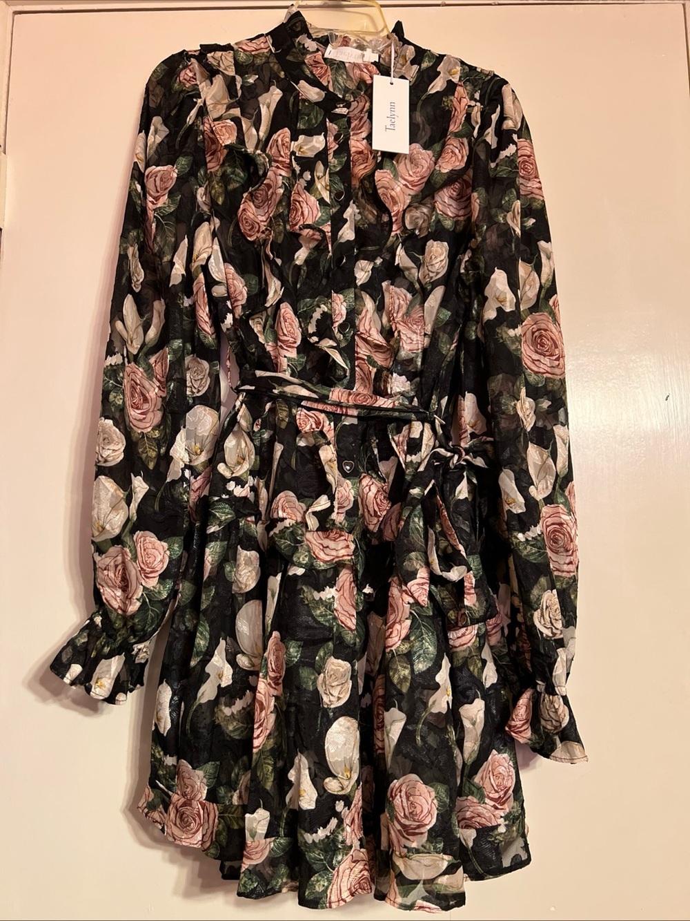 Taelynn NWT Harper Sz Large Floral Playful Mini Dress Ruffle Details Semi-sheer